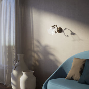 Brass wall light with curlicue detail and frosted glass shade, classic design Made in Italy by Ghidini 1849 | Finish: OAS Antique Brass