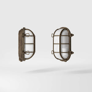 Nautical outdoor wall lamp in brass with protective grid and glass, maritime style for outdoor lighting by Ghidini 1849 - Finish: OAS Antique Brass