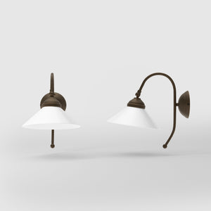 Wall lamp with adjustable brass arm and conical glossy white glass shade, elegant Made in Italy design by Ghidini 1849 - Finish: OBM Bronze Satin Matt Brass