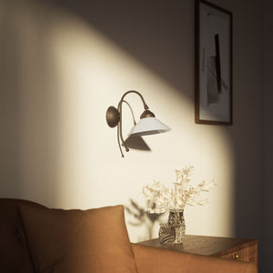 Wall lamp with adjustable brass arm and conical glossy white glass shade, elegant Made in Italy design by Ghidini 1849 - Finish: OBM Bronze Satin Matt Brass