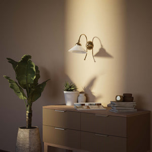 Wall lamp with adjustable brass arm and conical glossy white glass shade, elegant Made in Italy design by Ghidini 1849 - Finish: OBS Bronze Satin Brass