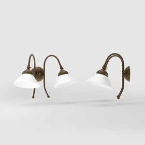 Double wall lamp in brass with conical glossy white glass shades and adjustable joints Italian design Made in Italy by Ghidini 1849 - Finish: OAS Antique Brass