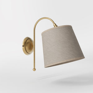 Brass wall lamp with grey linen shade, curved design, adjustable joint, indoor lighting by Ghidini 1849 - Finish: OBS Bronze Satin Brass
