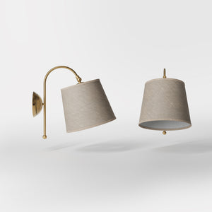 Brass wall lamp with grey linen shade, curved design, adjustable joint, indoor lighting by Ghidini 1849 - Finish: OBS Bronze Satin Brass