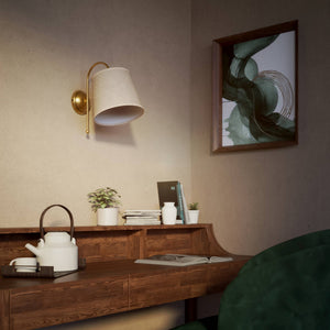 Brass wall lamp with grey linen shade, curved design, adjustable joint, indoor lighting by Ghidini 1849 - Finish: OBS Bronze Satin Brass