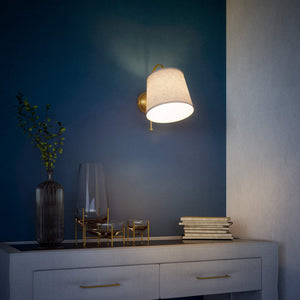 Brass wall lamp with grey linen shade, curved design, adjustable joint, indoor lighting by Ghidini 1849 - Finish: OBS Bronze Satin Brass