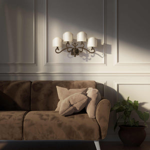 Classical four-light brass wall lamp with central fleur-de-lis and decorative scrolls, white pleated shades, refined Italian design - Finish: OAS Antique Brass