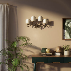 Classical four-light brass wall lamp with central fleur-de-lis and decorative scrolls, white pleated shades, refined Italian design - Finish: OBM Bronze Satin Matt Brass