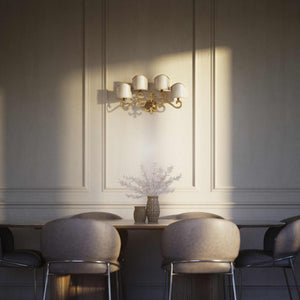 Classical four-light brass wall lamp with central fleur-de-lis and decorative scrolls, white pleated shades, refined Italian design - Finish: OBS Bronze Satin Brass