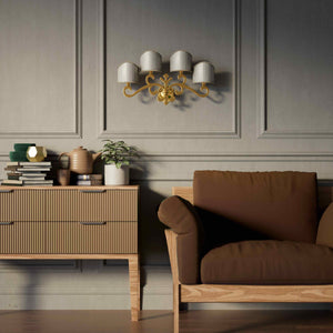 Classical four-light brass wall lamp with central fleur-de-lis and decorative scrolls, white pleated shades, refined Italian design - Finish: ORO 24K Gold Plated