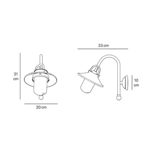 Outdoor brass wall lamp with curved arm protective hood and transparent glass diffuser rustic style Giada collection by Ghidini 1849