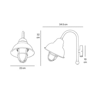 Outdoor industrial wall lamp Chronos with brass structure, bell-shaped diffuser and protective transparent glass cage for exterior lighting by Ghidini 1849