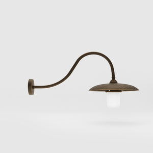Vintage brass outdoor wall lamp with curved arm and protected glass by Ghidini 1849 - Finish: OBM Bronze Satin Matt Brass