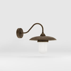 Retro brass outdoor wall lamp with wide shade and protected glass by Ghidini 1849 - Finish: OAS Antique Brass