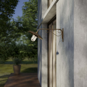 Brass outdoor wall lamp with decorative arm and protected glass by Ghidini 1849 - Finish: OBM Bronze Satin Matt Brass