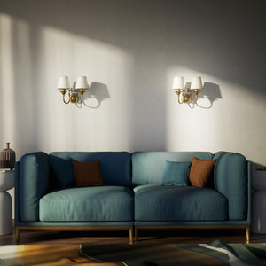 Classic wall lamp in brass with twin ivory white fabric lampshades, ideal for elegant interiors by Ghidini 1849 - Finish: OBS Bronze Satin Brass
