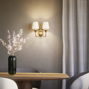 Classic wall lamp in brass with twin ivory white fabric lampshades, ideal for elegant interiors by Ghidini 1849 - Finish: OBS Bronze Satin Brass