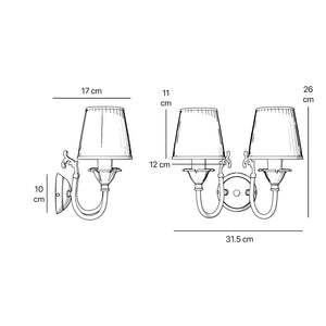Classic wall lamp in brass with twin ivory white fabric lampshades, ideal for elegant interiors by Ghidini 1849