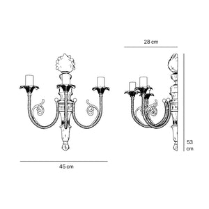 Baroque 3-light brass wall lamp with decorated scroll arms, floral motifs and decorative bouquet on top, Luigi XV style by Ghidini 1849