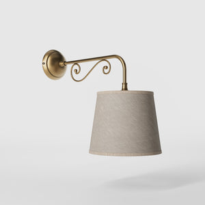 Classic brass wall lamp with scrollwork arm and linen-effect fabric shade European style Made in Italy design by Ghidini 1849 - Finish: OBS Bronze Satin Brass