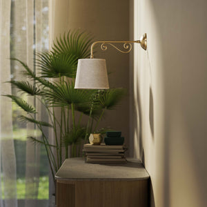 Classic brass wall lamp with scrollwork arm and linen-effect fabric shade European style Made in Italy design by Ghidini 1849 - Finish: OBS Bronze Satin Brass