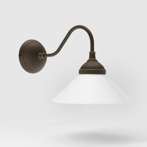 Vintage style wall lamp in brass with curved arm and white glass shade, Sofia collection of Italian craftsmanship by Ghidini 1849 - Finish: OBM Bronze Satin Matt Brass
