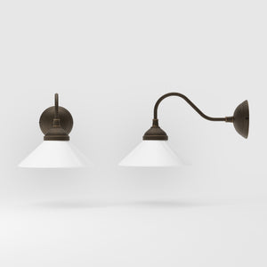 Vintage style wall lamp in brass with curved arm and white glass shade, Sofia collection of Italian craftsmanship by Ghidini 1849 - Finish: OBM Bronze Satin Matt Brass