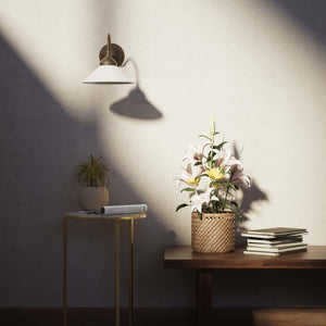 Vintage style wall lamp in brass with curved arm and white glass shade, Sofia collection of Italian craftsmanship by Ghidini 1849 - Finish: OBM Bronze Satin Matt Brass