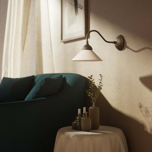 Vintage style wall lamp in brass with curved arm and white glass shade, Sofia collection of Italian craftsmanship by Ghidini 1849 - Finish: OBM Bronze Satin Matt Brass