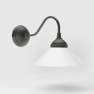 Vintage style wall lamp in brass with curved arm and white glass shade, Sofia collection of Italian craftsmanship by Ghidini 1849 - Finish: OBR Dark Bronze