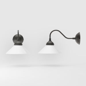 Vintage style wall lamp in brass with curved arm and white glass shade, Sofia collection of Italian craftsmanship by Ghidini 1849 - Finish: OBR Dark Bronze