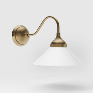 Vintage style wall lamp in brass with curved arm and white glass shade, Sofia collection of Italian craftsmanship by Ghidini 1849 - Finish: OBS Bronze Satin Brass