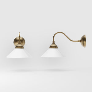 Vintage style wall lamp in brass with curved arm and white glass shade, Sofia collection of Italian craftsmanship by Ghidini 1849 - Finish: OBS Bronze Satin Brass