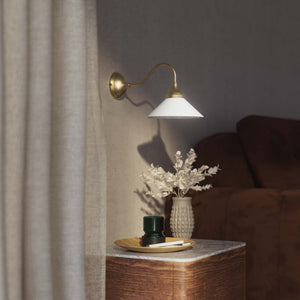 Vintage style wall lamp in brass with curved arm and white glass shade, Sofia collection of Italian craftsmanship by Ghidini 1849 - Finish: OBS Bronze Satin Brass