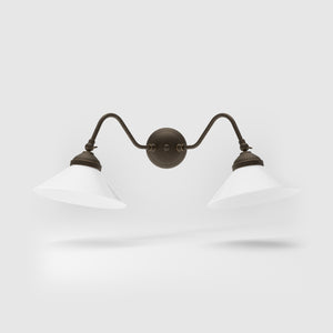 Vintage style wall lamp in brass with curved arm and white glass shade, Sofia collection of Italian craftsmanship by Ghidini 1849 - Finish: OBM Bronze Satin Matt Brass