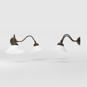 Vintage style wall lamp in brass with curved arm and white glass shade, Sofia collection of Italian craftsmanship by Ghidini 1849 - Finish: OBM Bronze Satin Matt Brass