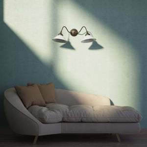 Vintage style wall lamp in brass with curved arm and white glass shade, Sofia collection of Italian craftsmanship by Ghidini 1849 - Finish: OBM Bronze Satin Matt Brass