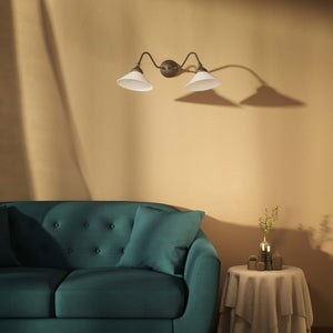 Vintage style wall lamp in brass with curved arm and white glass shade, Sofia collection of Italian craftsmanship by Ghidini 1849 - Finish: OBM Bronze Satin Matt Brass