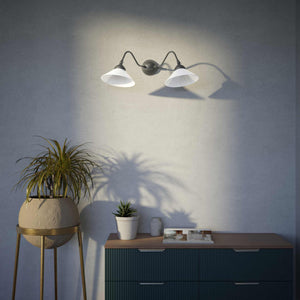 Vintage style wall lamp in brass with curved arm and white glass shade, Sofia collection of Italian craftsmanship by Ghidini 1849 - Finish: OBR Dark Bronze