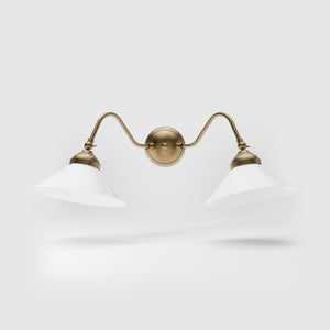 Vintage style wall lamp in brass with curved arm and white glass shade, Sofia collection of Italian craftsmanship by Ghidini 1849 - Finish: OBS Bronze Satin Brass