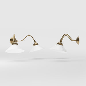 Vintage style wall lamp in brass with curved arm and white glass shade, Sofia collection of Italian craftsmanship by Ghidini 1849 - Finish: OBS Bronze Satin Brass