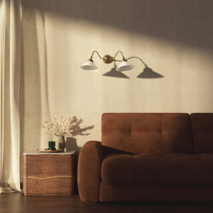 Vintage style wall lamp in brass with curved arm and white glass shade, Sofia collection of Italian craftsmanship by Ghidini 1849 - Finish: OBS Bronze Satin Brass