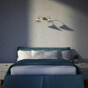 Vintage style wall lamp in brass with curved arm and white glass shade, Sofia collection of Italian craftsmanship by Ghidini 1849 - Finish: OBS Bronze Satin Brass