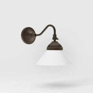 Industrial brass wall lamp with adjustable arm and white glass shade, Italian design Sofia for versatile lighting by Ghidini 1849 - Finish: OBM Bronze Satin Matt Brass