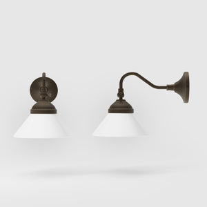 Industrial brass wall lamp with adjustable arm and white glass shade, Italian design Sofia for versatile lighting by Ghidini 1849 - Finish: OBM Bronze Satin Matt Brass