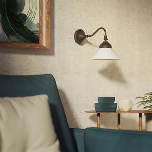Industrial brass wall lamp with adjustable arm and white glass shade, Italian design Sofia for versatile lighting by Ghidini 1849 - Finish: OBM Bronze Satin Matt Brass