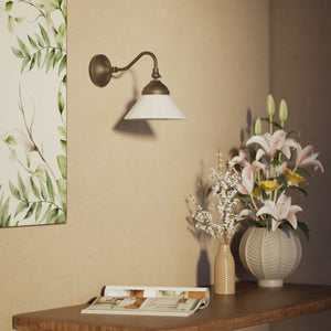 Industrial brass wall lamp with adjustable arm and white glass shade, Italian design Sofia for versatile lighting by Ghidini 1849 - Finish: OBM Bronze Satin Matt Brass