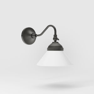 Industrial brass wall lamp with adjustable arm and white glass shade, Italian design Sofia for versatile lighting by Ghidini 1849 - Finish: OBR Dark Bronze