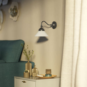 Industrial brass wall lamp with adjustable arm and white glass shade, Italian design Sofia for versatile lighting by Ghidini 1849 - Finish: OBR Dark Bronze