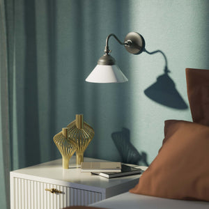 Industrial brass wall lamp with adjustable arm and white glass shade, Italian design Sofia for versatile lighting by Ghidini 1849 - Finish: OBR Dark Bronze